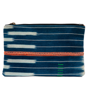 ID159 TROUSSE ARTIGIANALE IN COTONE AFRICANO 100% RIGHE BIANCHE SU BASE BLU CON DETTAGLI ARANCIO E VERDI