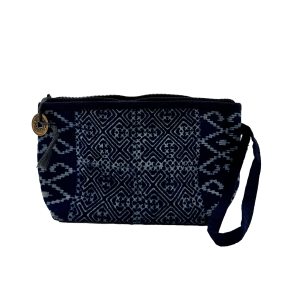 ID146 TROUSSE VIETNAMITA ARTIGIANALE IN TESSUTO ORIENTALE ANTICO MOTIVO IKAT GEOMETRICO SU BASE BLU