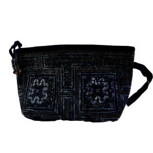 ID147 TROUSSE VIETNAMITA ARTIGIANALE IN TESSUTO ORIENTALE ANTICO MOTIVO A QUADRETTI CON FILO MILITARE E LACCETTO LATERALE