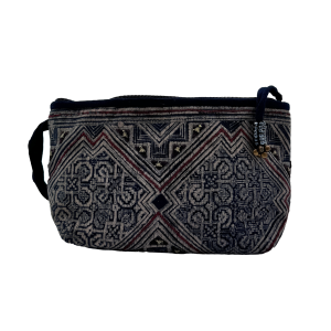 ID149 TROUSSE VIETNAMITA ARTIGIANALE IN TESSUTO ORIENTALE ANTICO MOTIVO GEOMETRICO A QUADRETTI CON FILO MILITARE E RICAMO BORDEAUX
